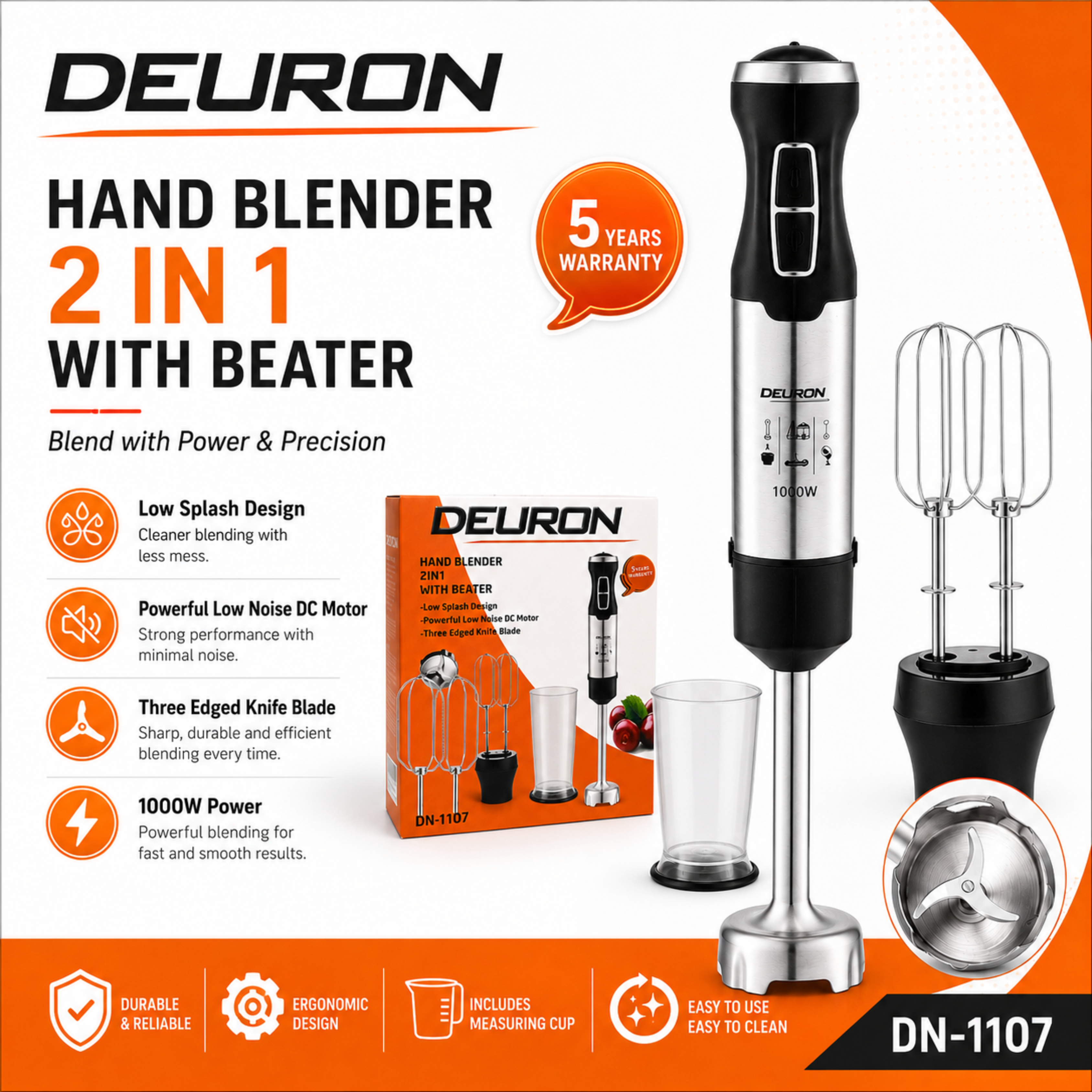 Deuron DN-1107 2-in-1 Hand Blender with Beater | Powerful DC Motor