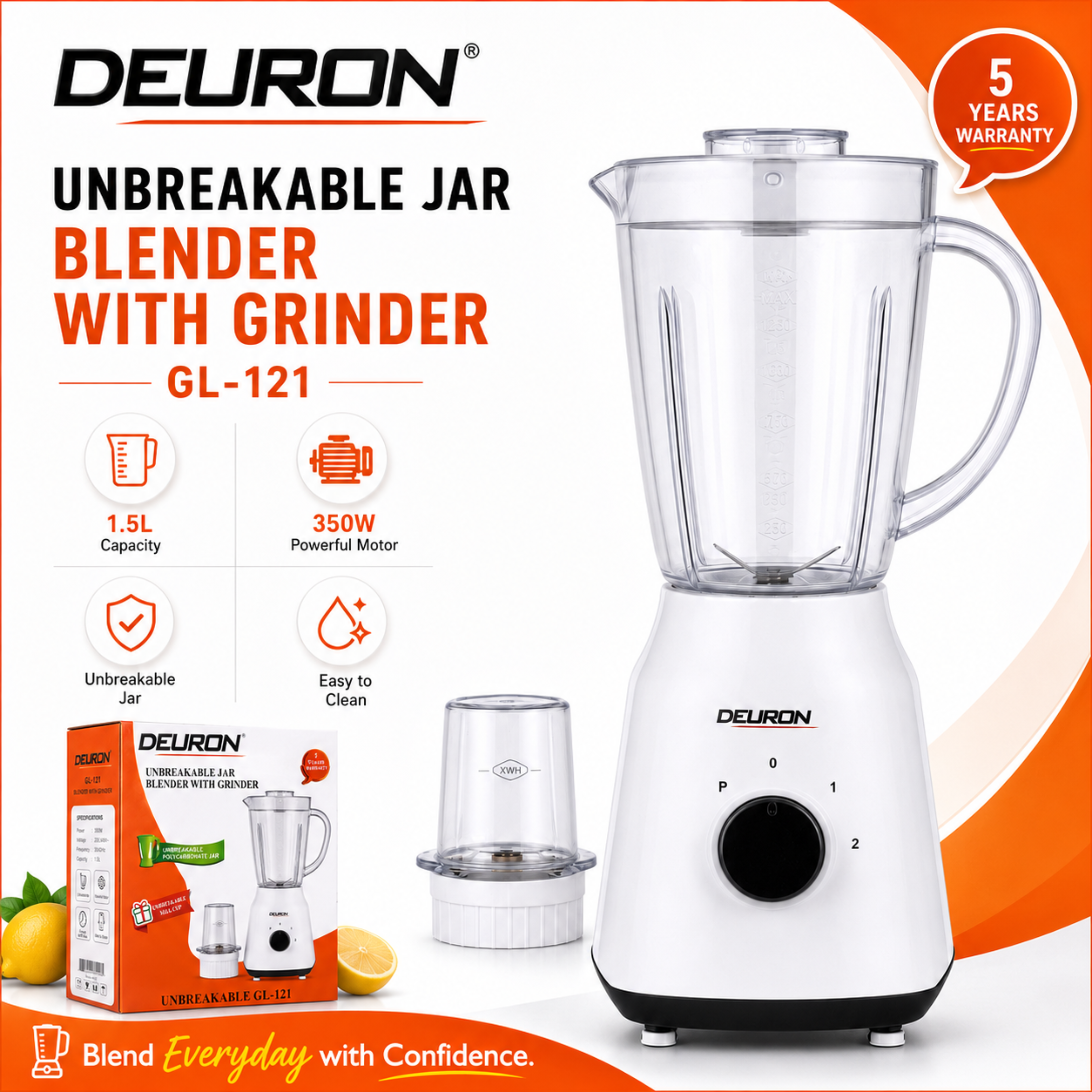 Deuron GL-121 Blender with Grinder | Heavy-Duty Power Blender