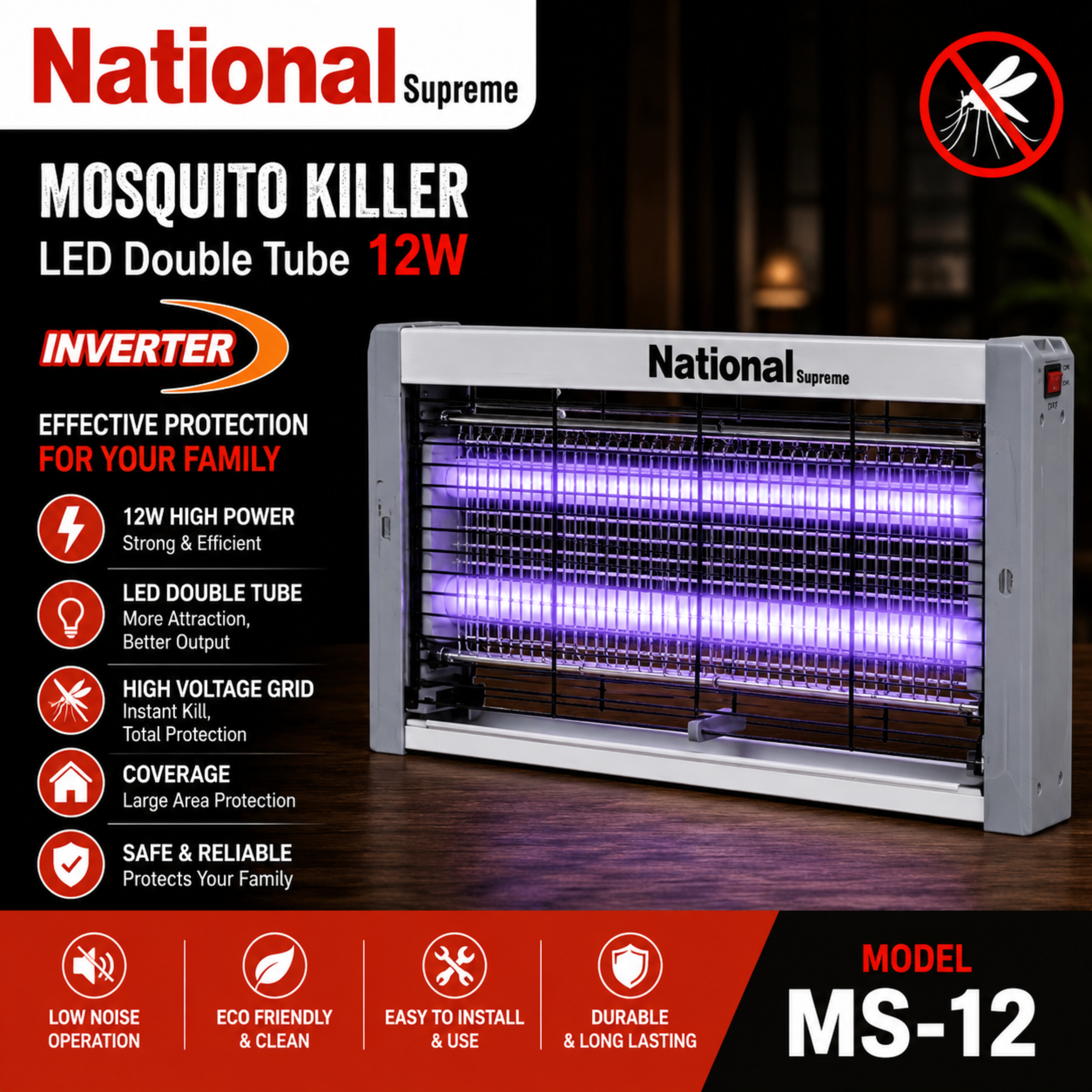 National Supreme Electric Insect Killer 12W - MS-12 Double Tube Bug Zapper