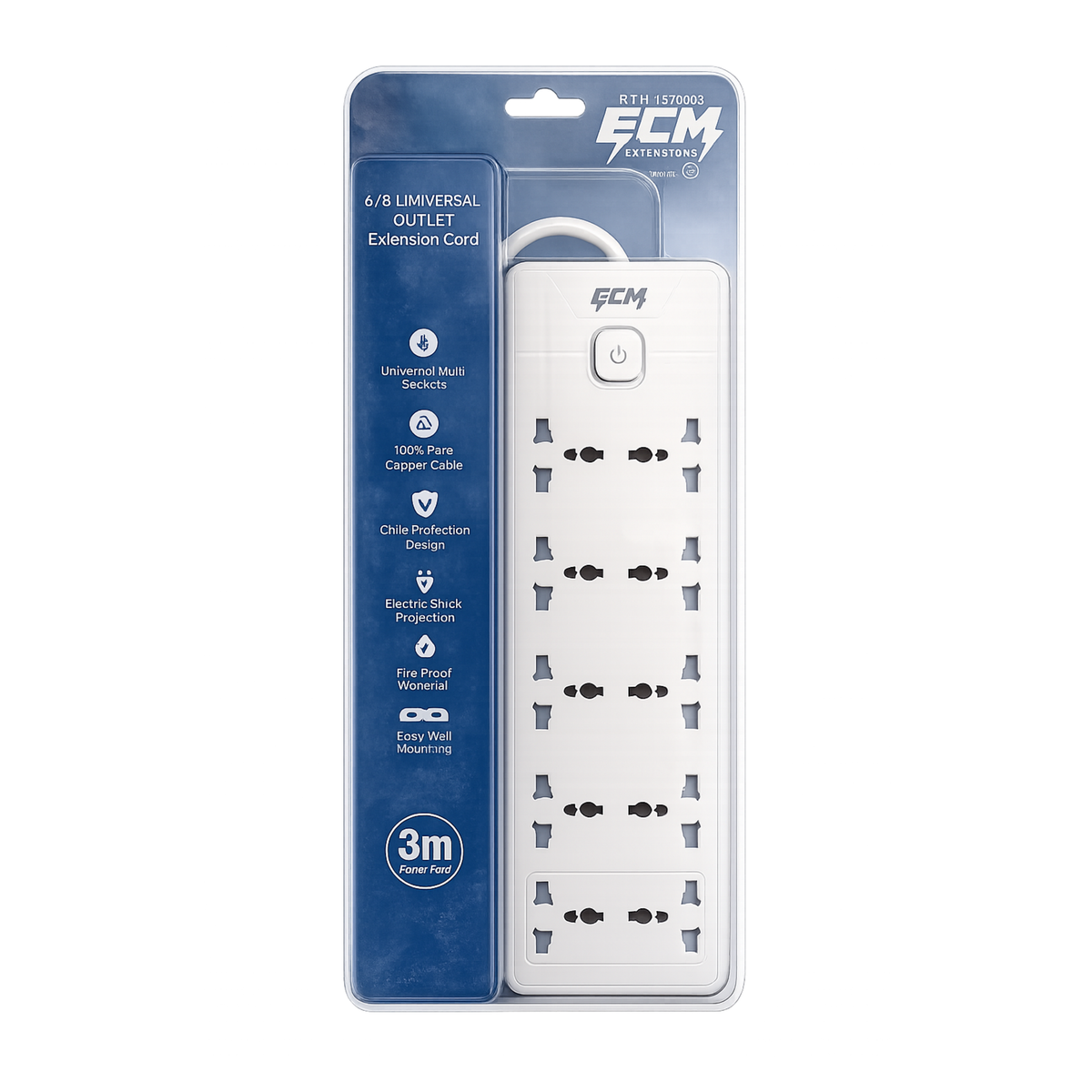 ECM PE-04 5 Socket Universal Extension Board 3 Meter with Power Switch | Pure Copper Cable