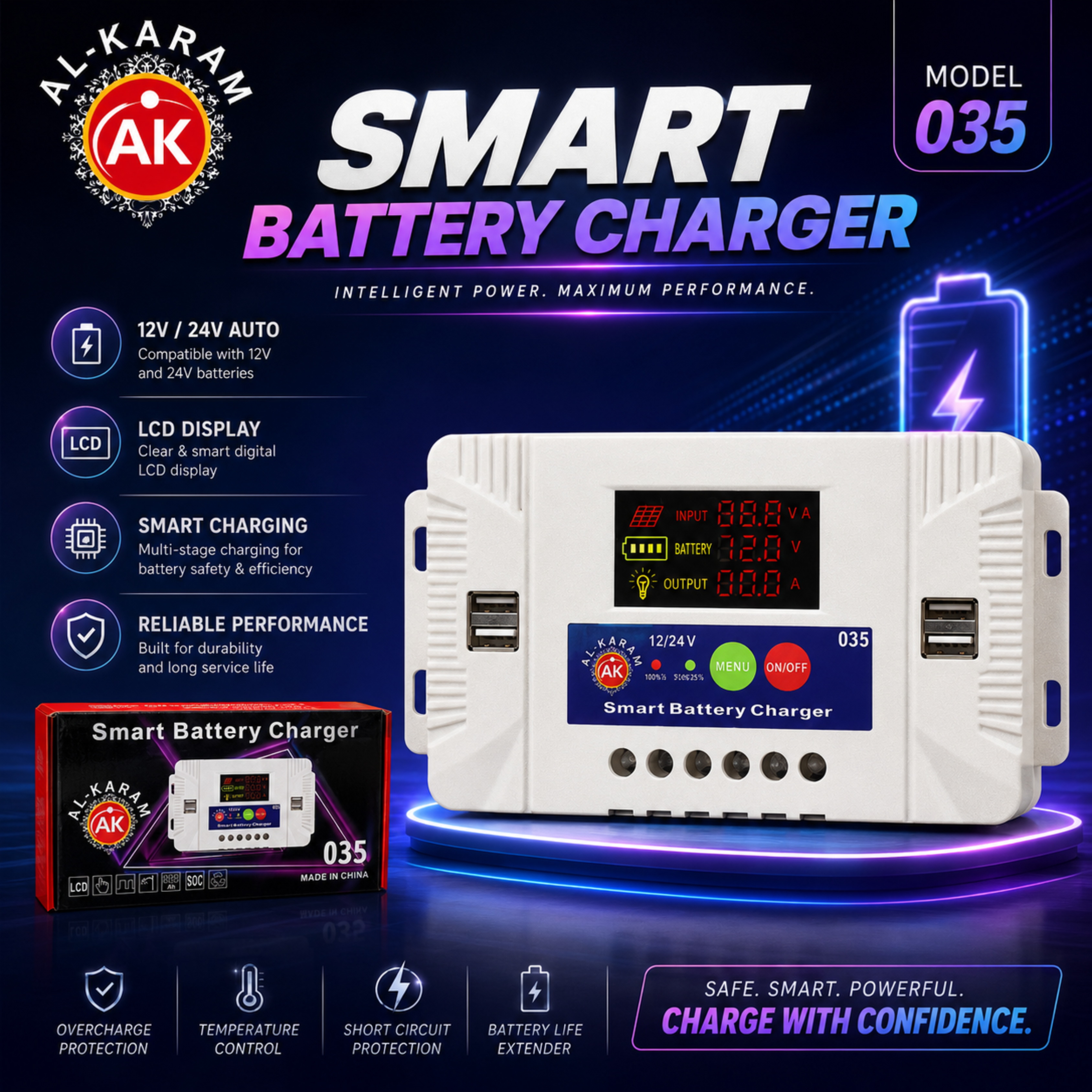AL-KARAM Smart Battery Charger 035 | 12V/24V Auto LCD Charger
