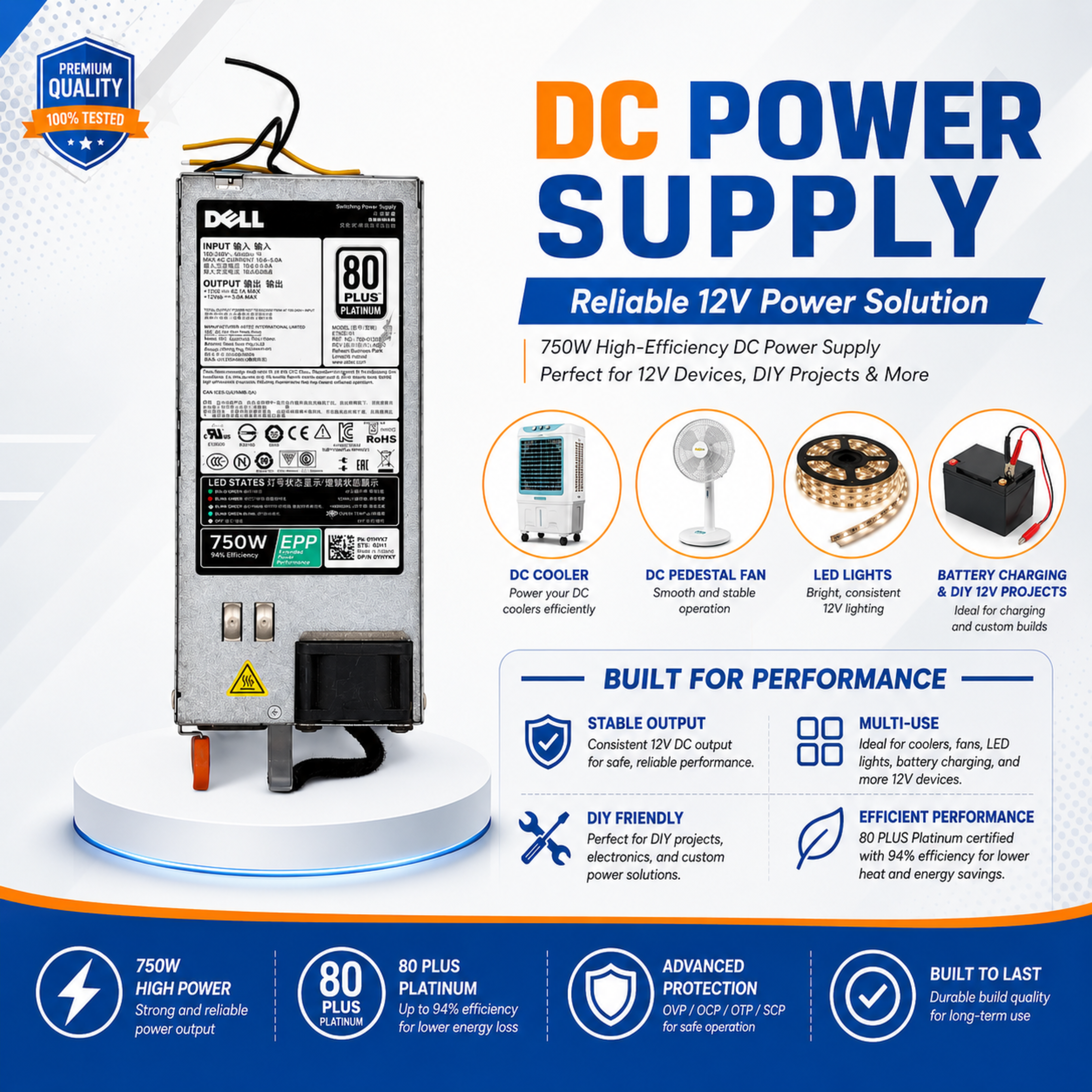 750W 12V DC Power Supply | 80 Plus Platinum High-Efficiency PSU