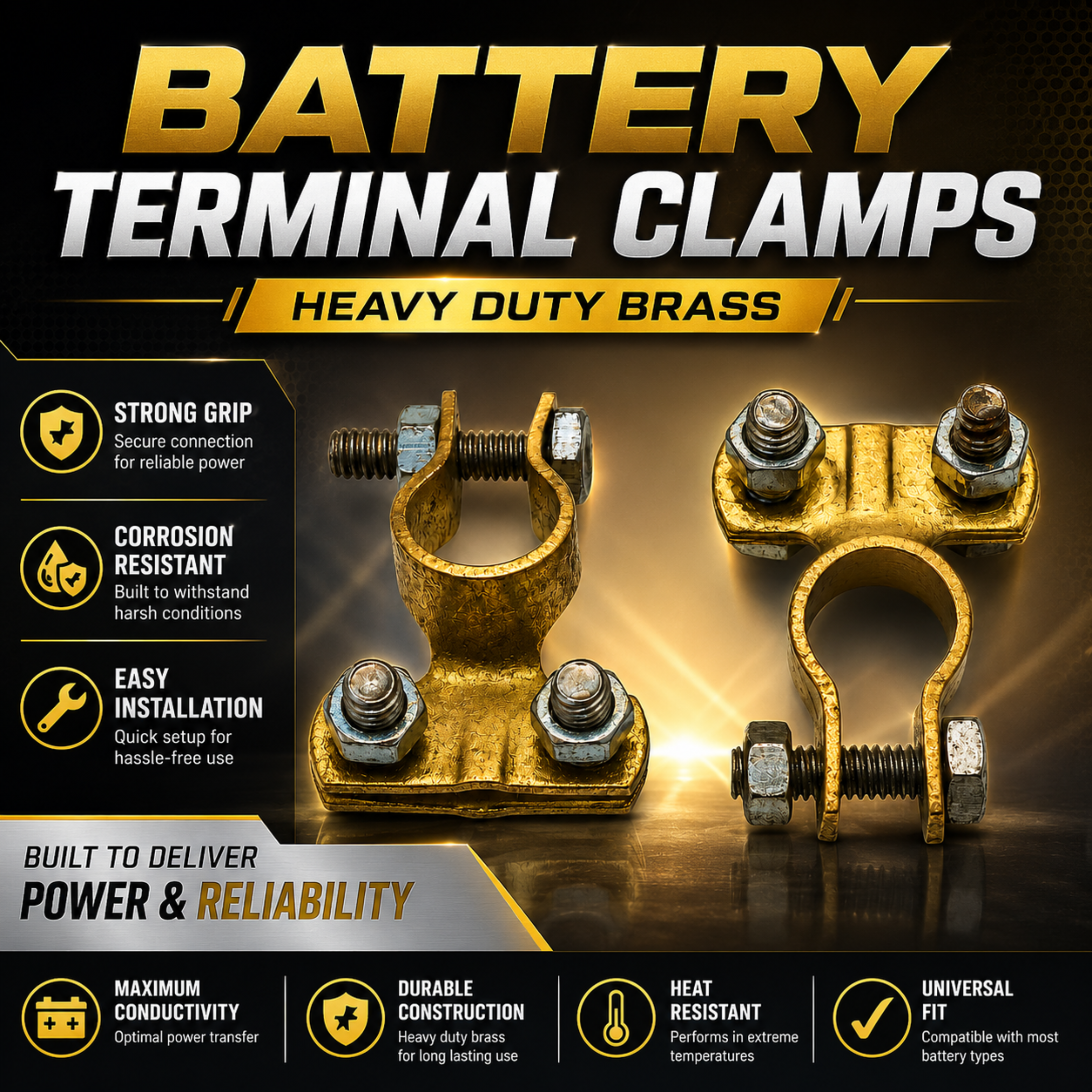 Heavy Duty Brass Battery Terminal Clamps | High Conductivity Connector Set