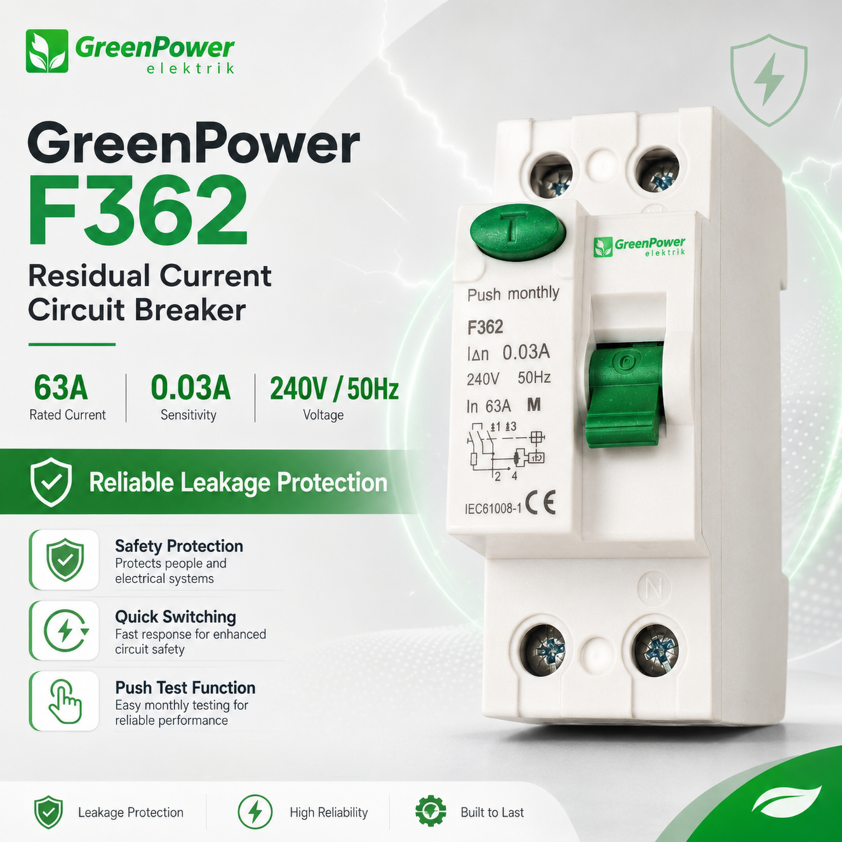 GreenPower F362 Residual Current Circuit Breaker | 63A Leakage Protection