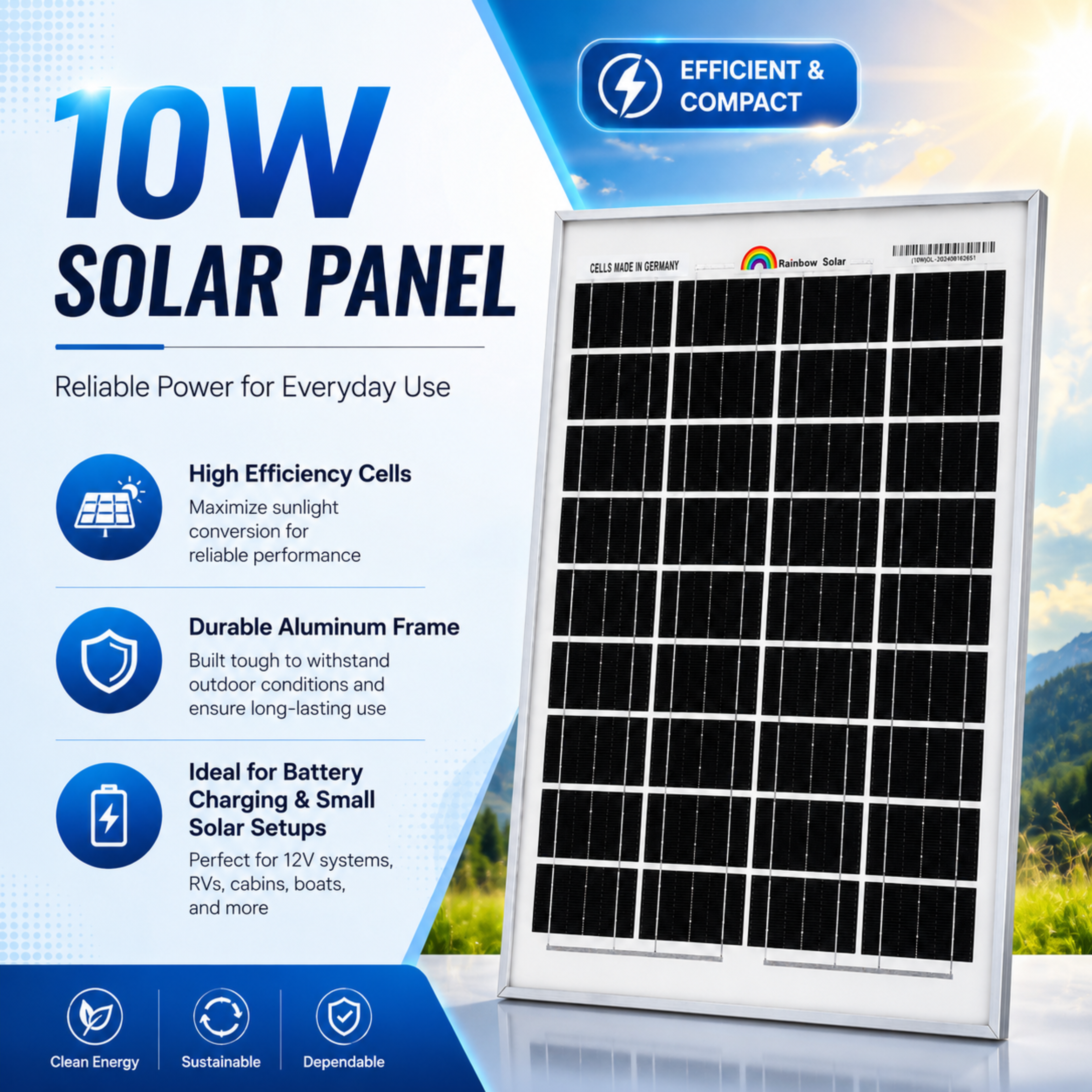 Rainbow Solar 10W 12V Solar Panel | Compact High-Efficiency Charger