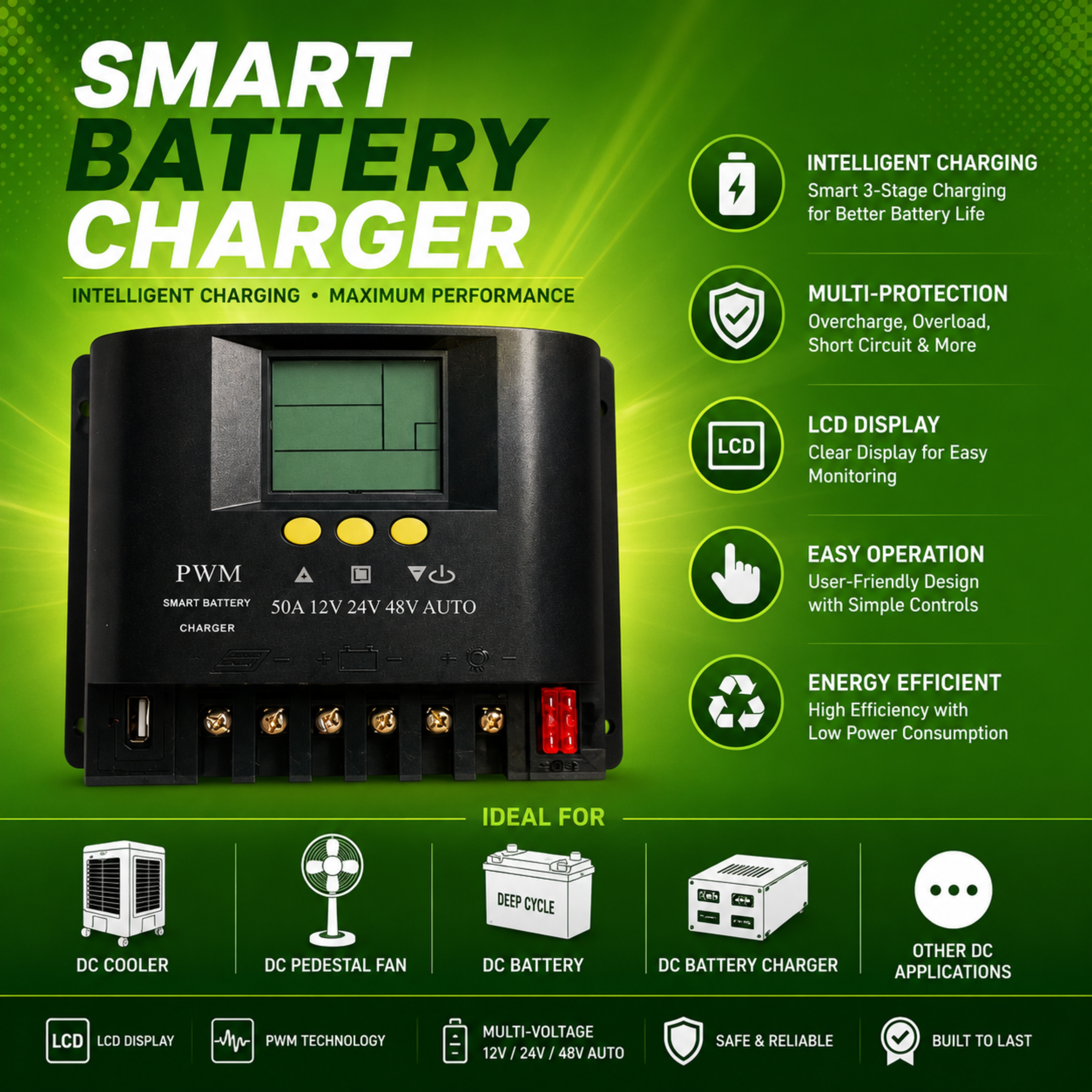 50A PWM Smart Battery Charger | 12V/24V/48V Auto LCD Charger