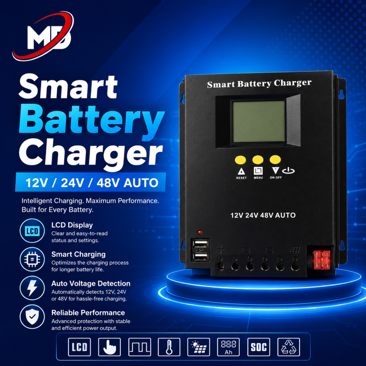MD Smart Battery Charger | 12V/24V/48V Auto LCD Battery Charger