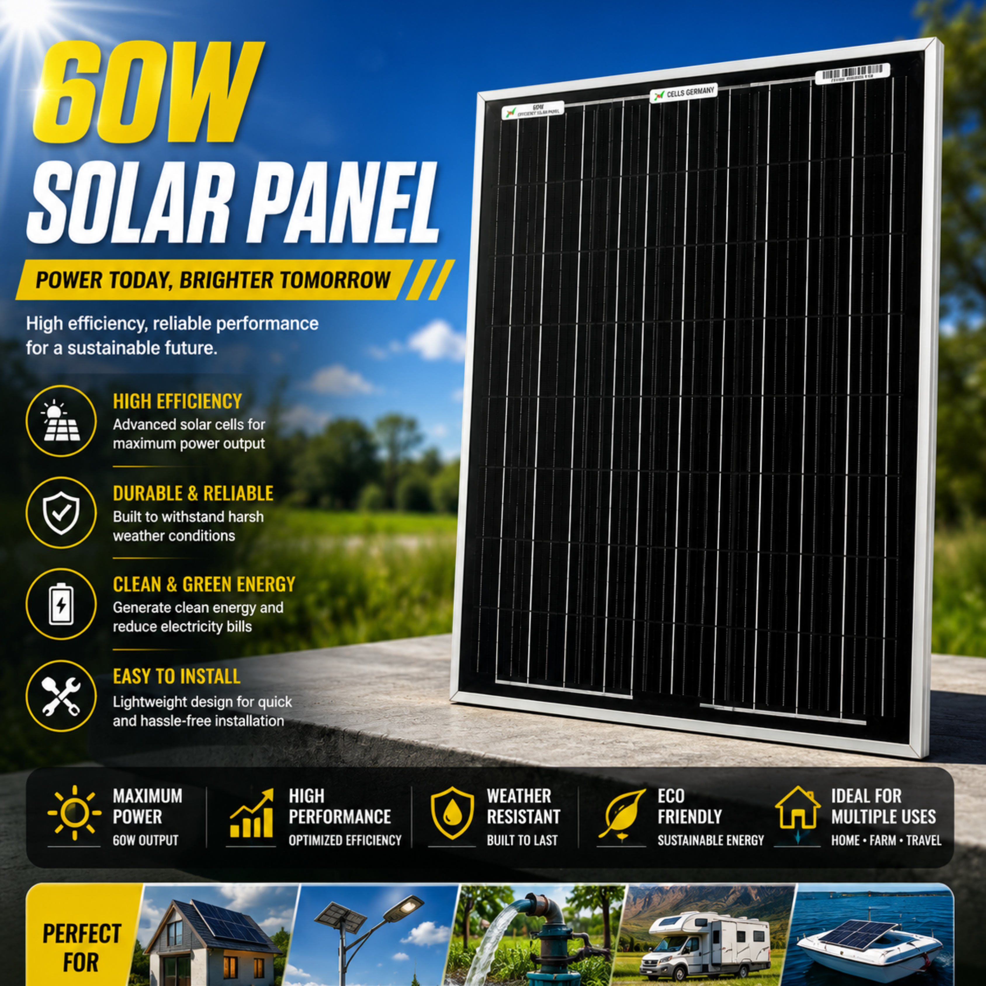 Rainbow Solar 60W 12V Solar Panel | Heavy-Duty Off-Grid Power