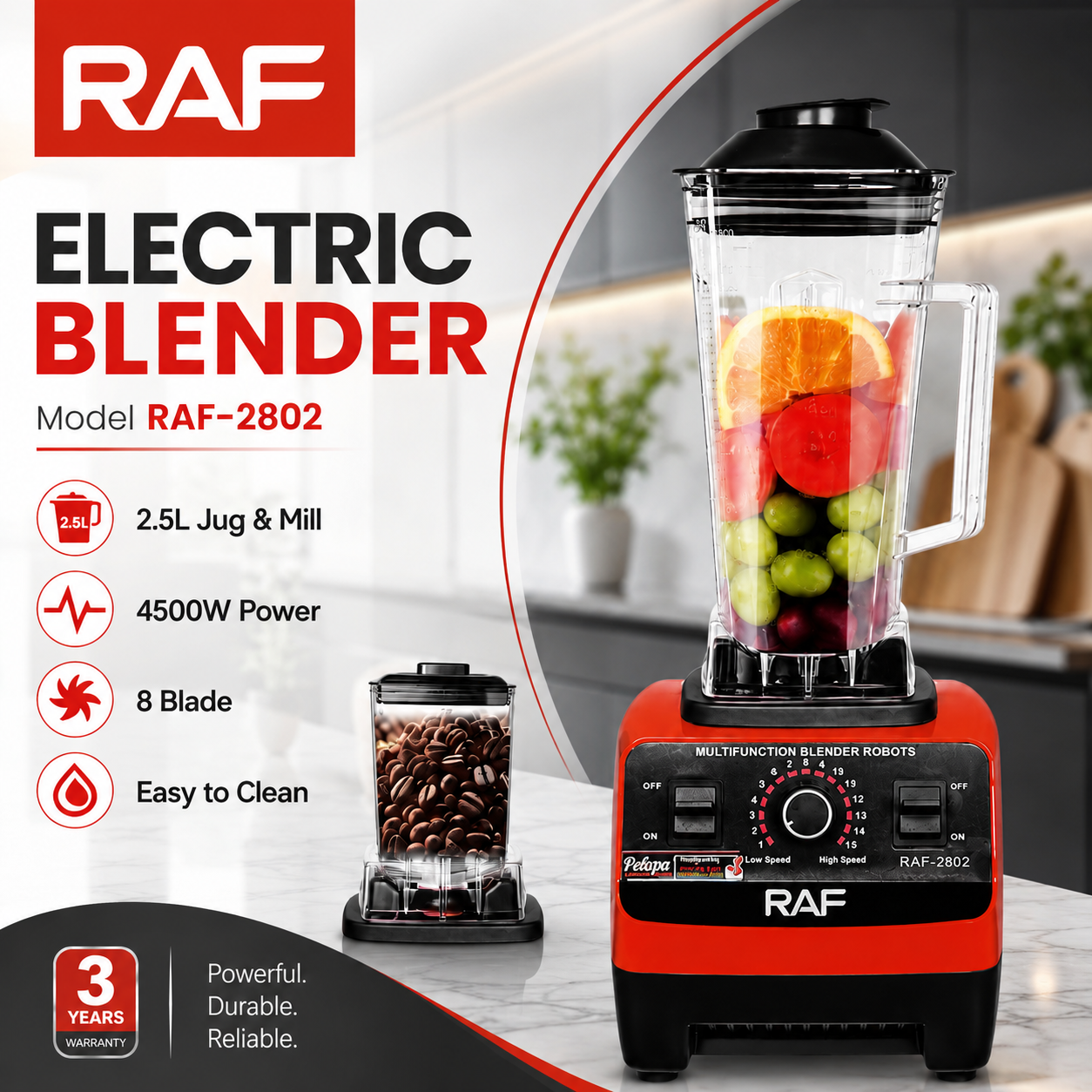 RAF Electric Blender 2-in-1 Heavy Duty 2.5L – Model RAF-2802