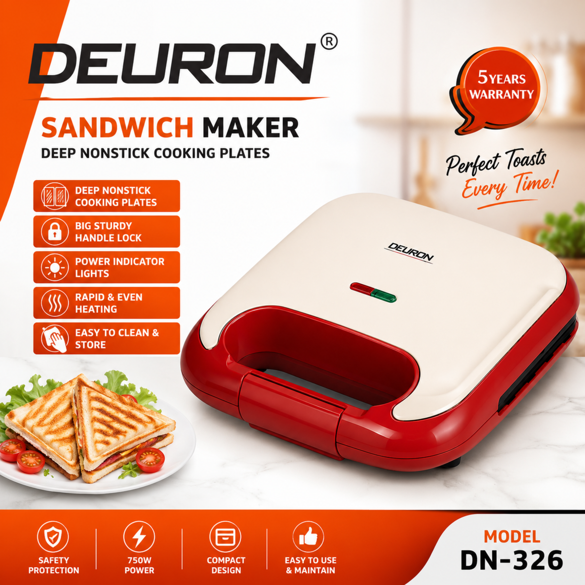 Deuron DN326 Sandwich Maker | Non-Stick Sandwich Toaster