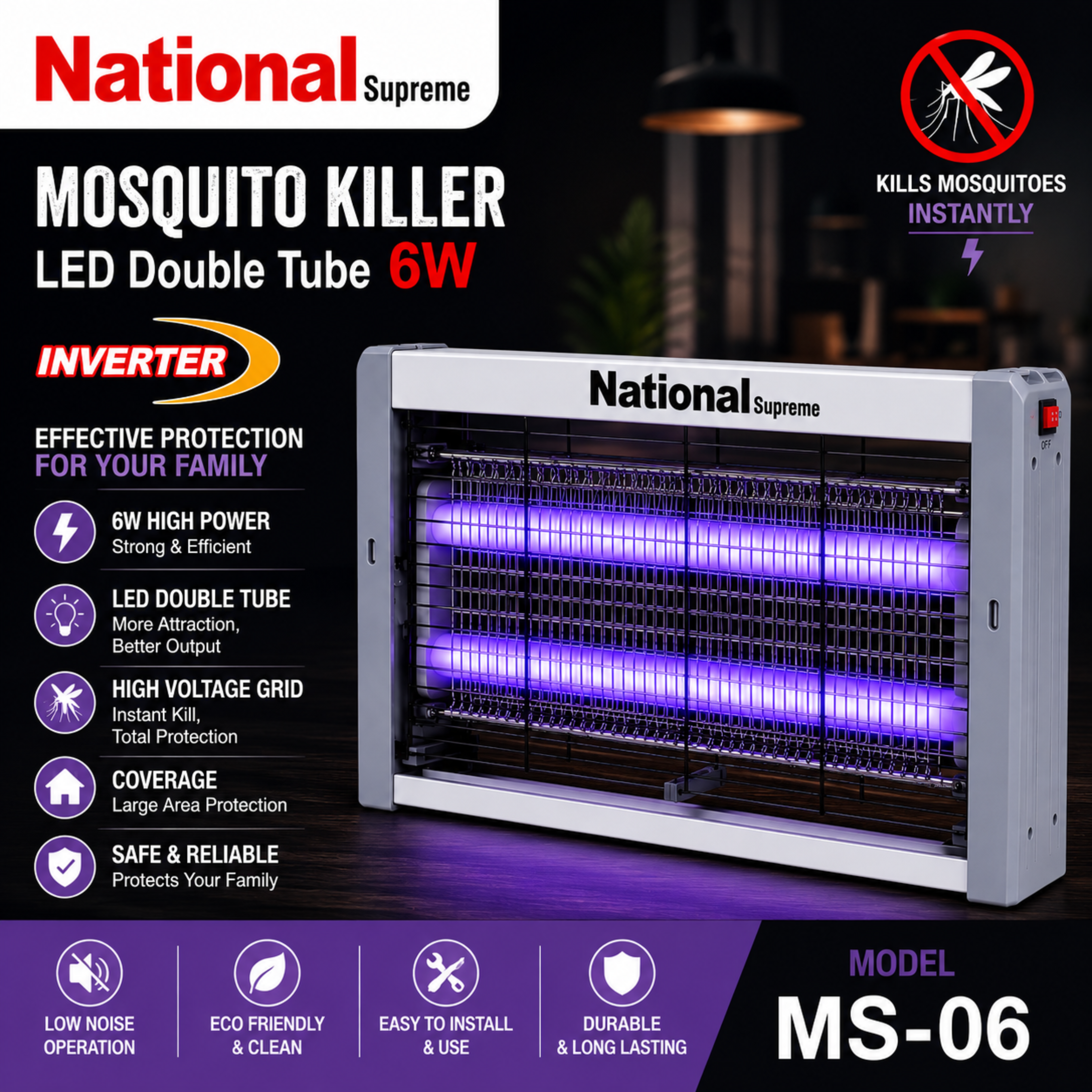 National Supreme Electric Mosquito Killer - 6W LED Double Tube Bug Zapper
