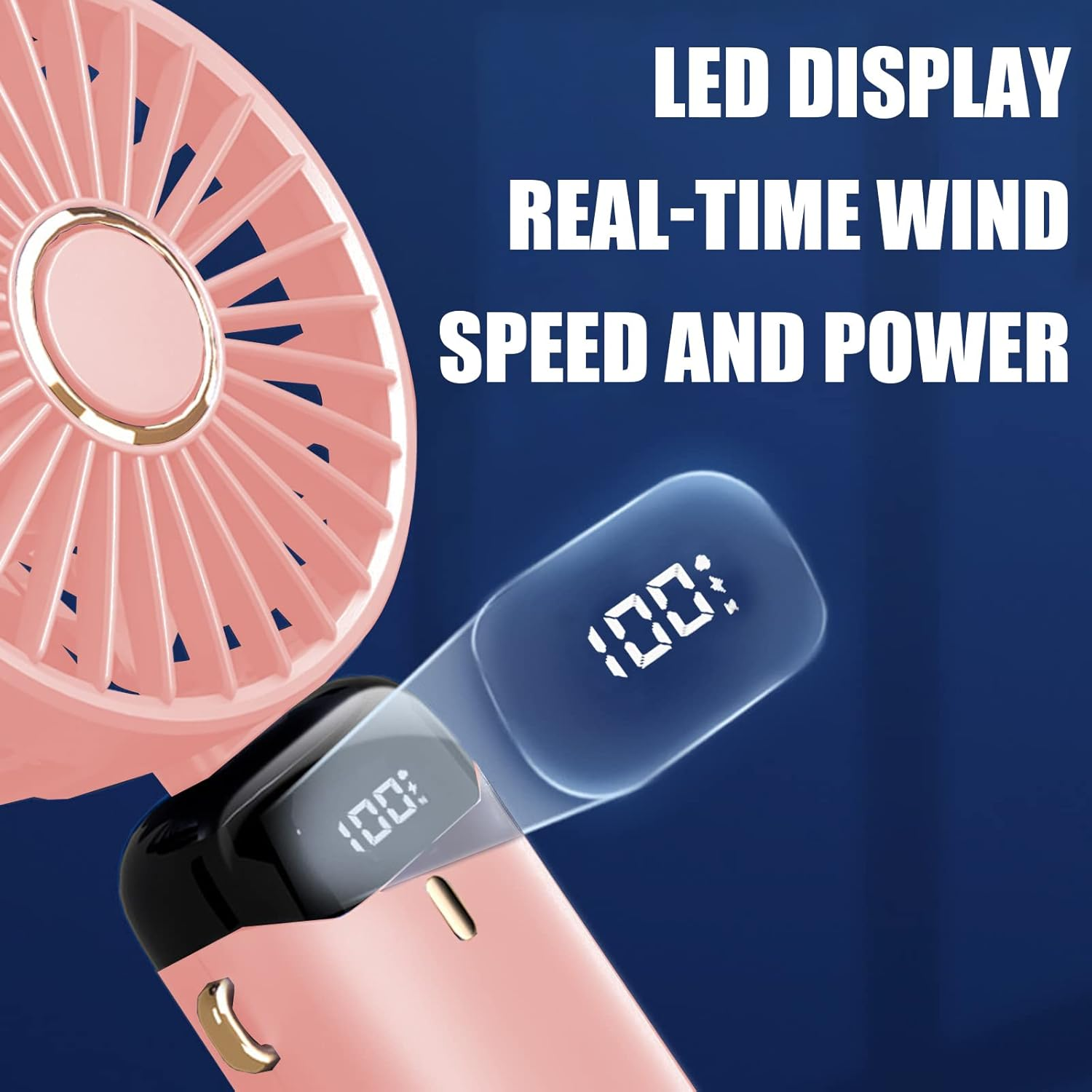 Portable Handheld Fan — USB Rechargeable, Foldable, 5-Speed, Battery Fan for Home, Office, Travel (Pink)
