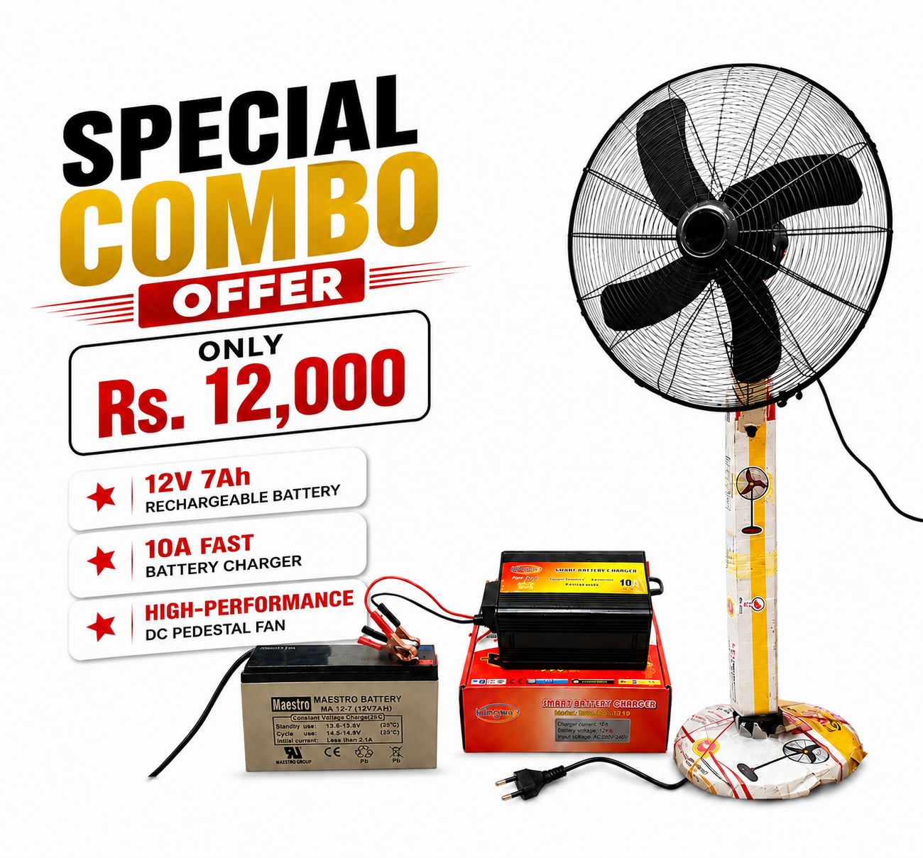 DC Pedestal Fan Combo – Rechargeable + Direct 220V AC