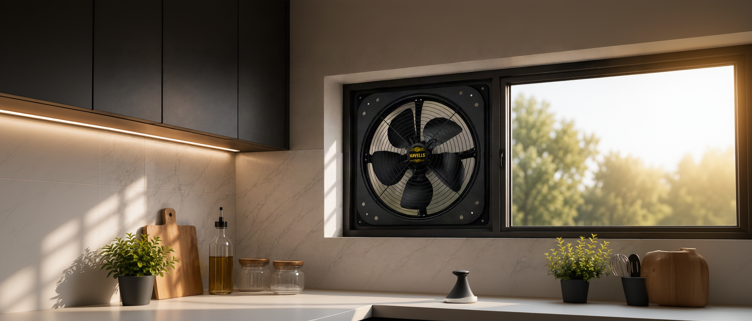 A black window-mounted industrial fan with a yellow and black HONIC logo, installed in a modern kitchen window above a stovetop.