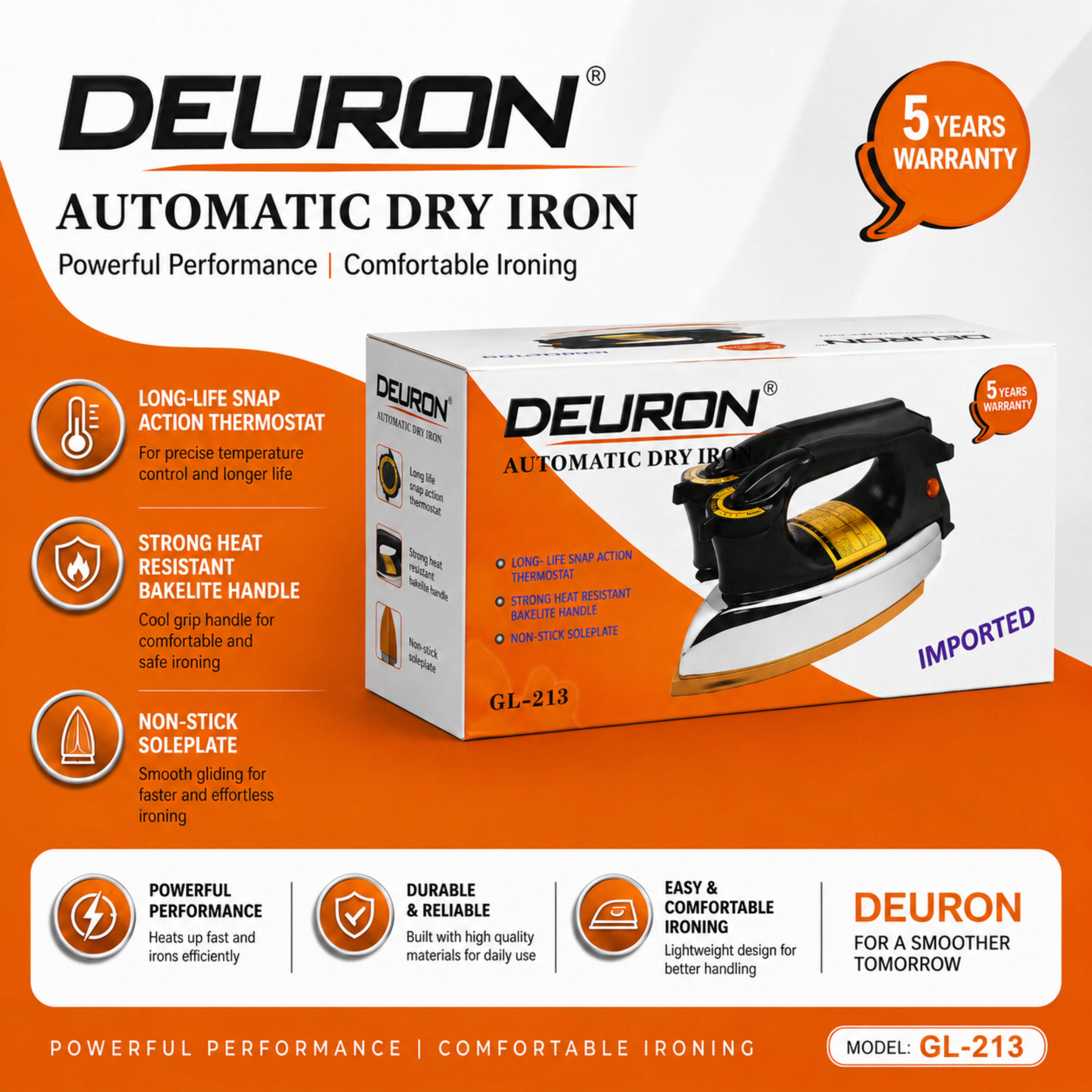Deuron GL-213 Heavy Duty Dry Iron | Ceramic Soleplate Electric Iron