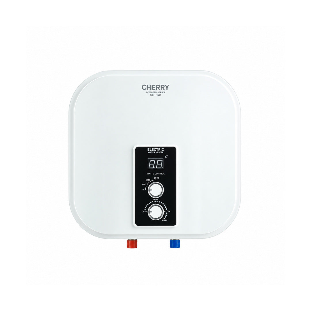 Cherry CEH-15D 15L inverter electric geyser, front view on white background