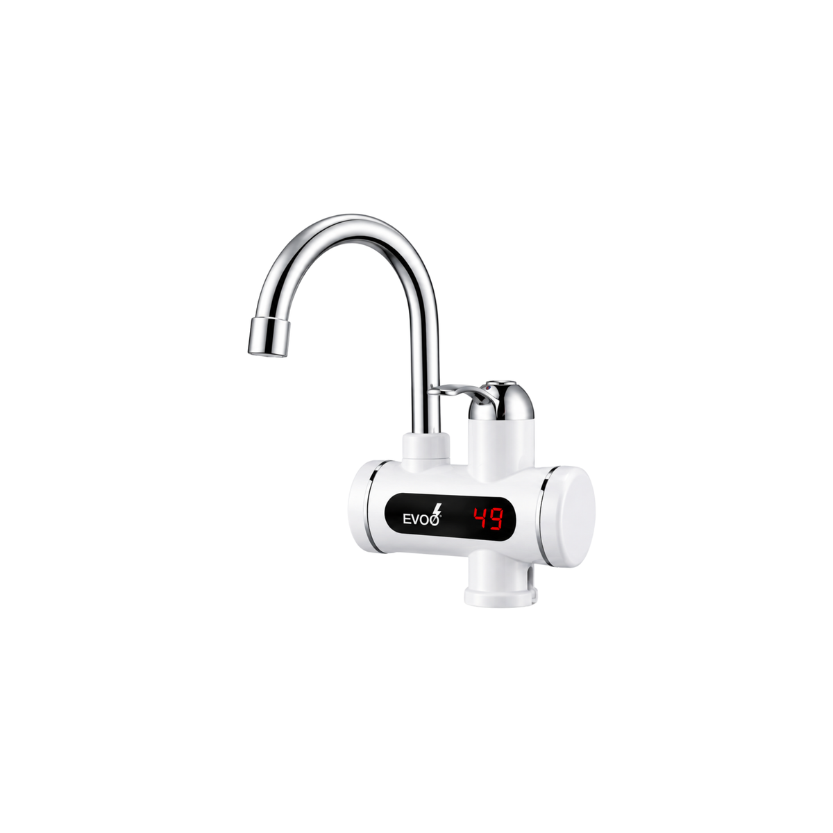 EVOO electric hot water tap with white body, chrome spout and digital display