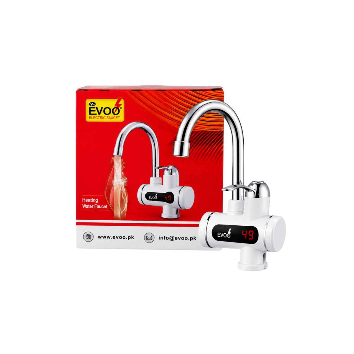 EVOO electric hot water tap with digital temperature display and box