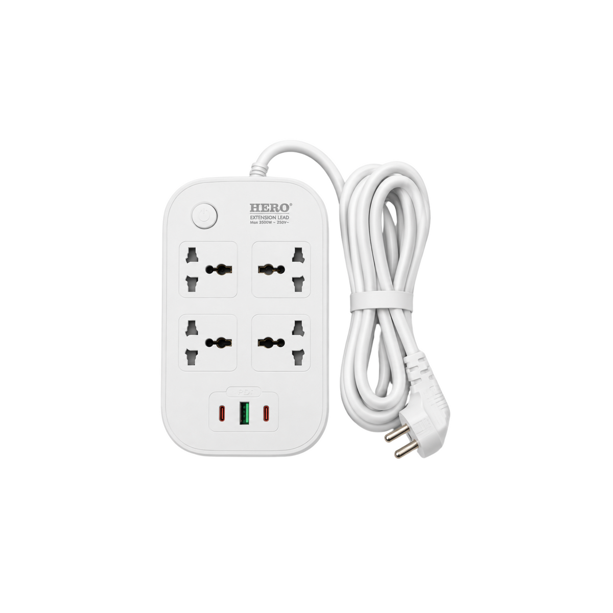 HERO EB-11 white extension lead with four sockets, two USB-C ports, one USB-A port and attached two-pin cable