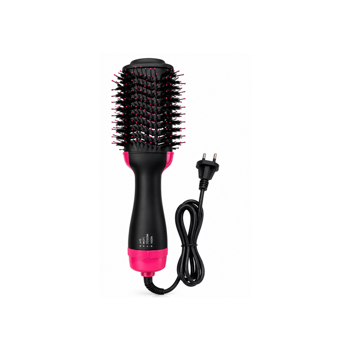 Black and pink electric hot air hair brush with power cord