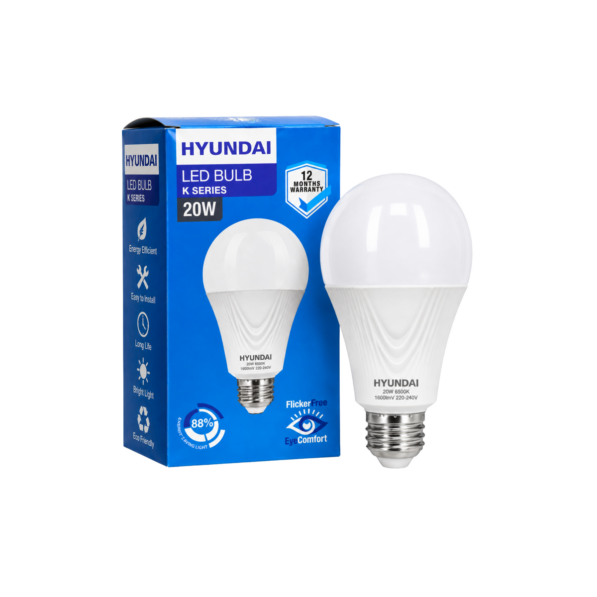 Hyundai 20W E27 white LED bulb shown with its blue product box