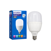 Hyundai 45W E27 white LED bulb shown with its blue product box