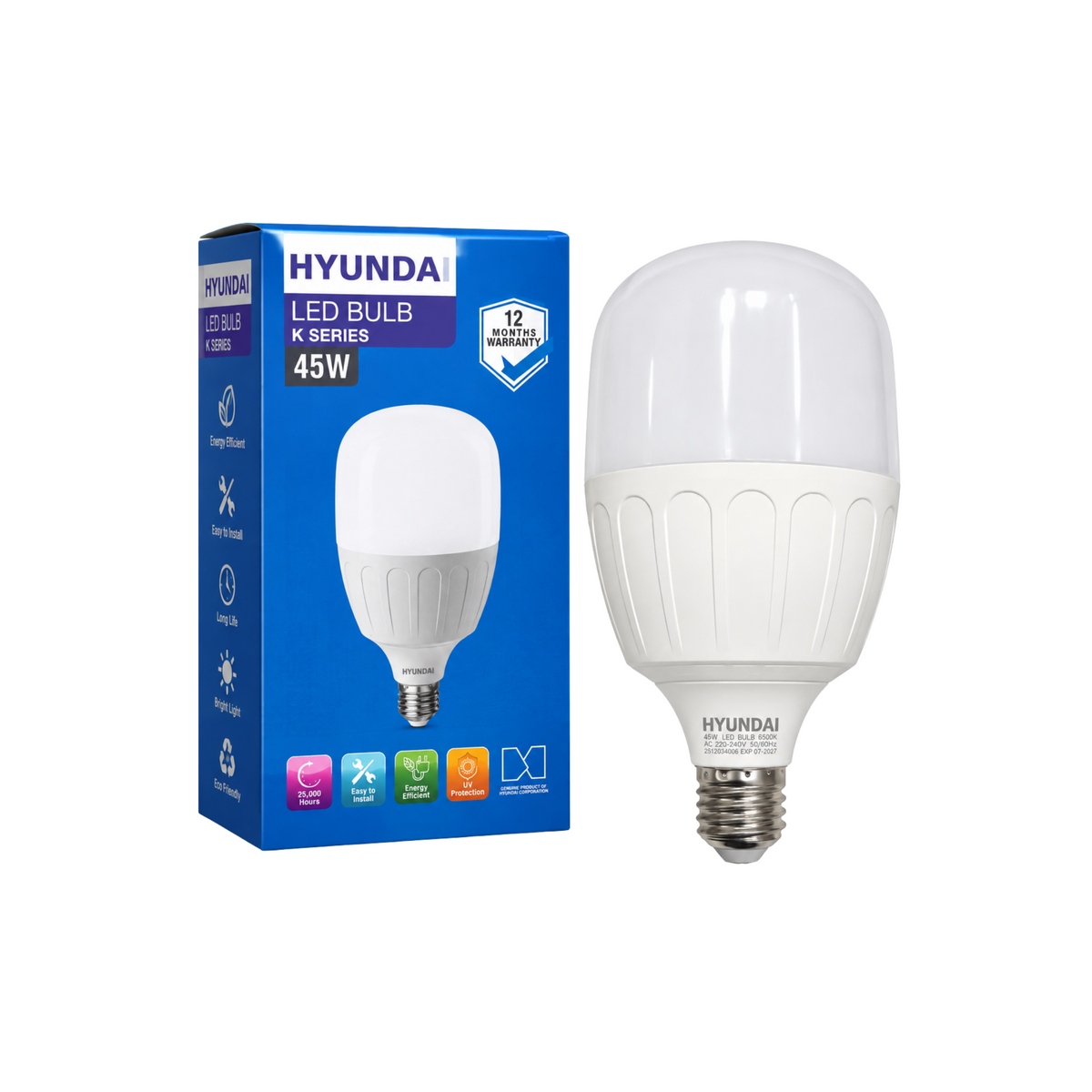 Hyundai 45W E27 white LED bulb shown with its blue product box