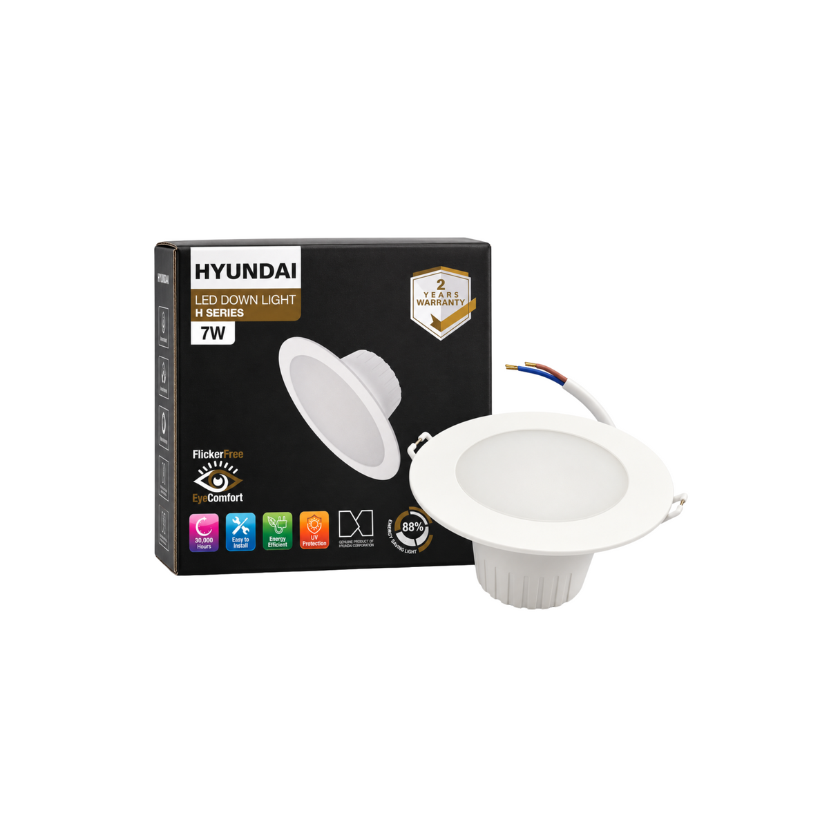Hyundai H Series 7W round SMD LED downlight with its product box