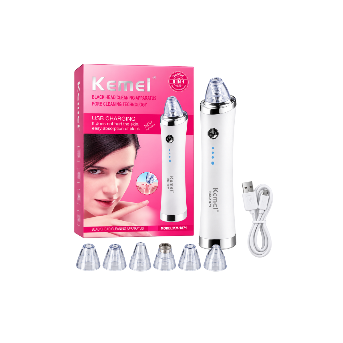 Kemei KM-1871 white rechargeable blackhead remover kit with retail box