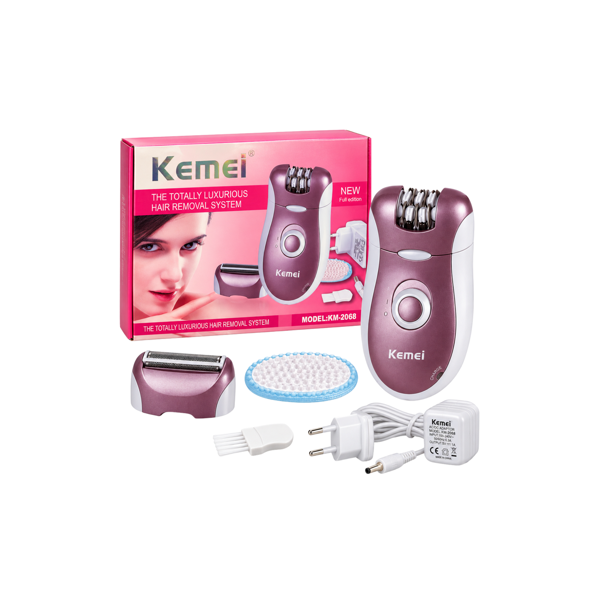 Kemei KM-2068 rechargeable epilator and hair removal kit with retail box