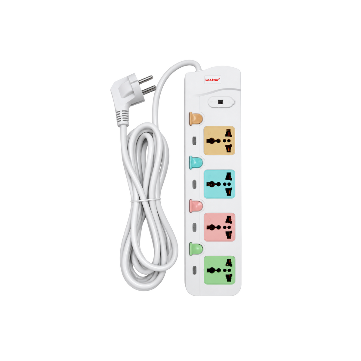 LeoStar LS-148 extension lead with four coloured universal sockets, individual switches and 3 metre white cable
