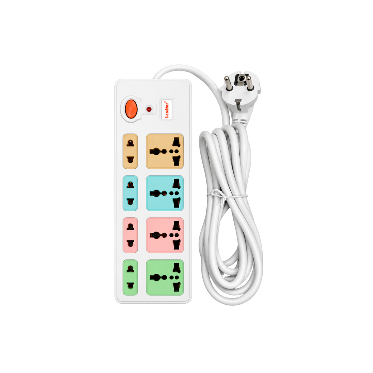 LeoStar LS-308 extension lead with four universal sockets, four 2-pin sockets, orange master switch and white cable