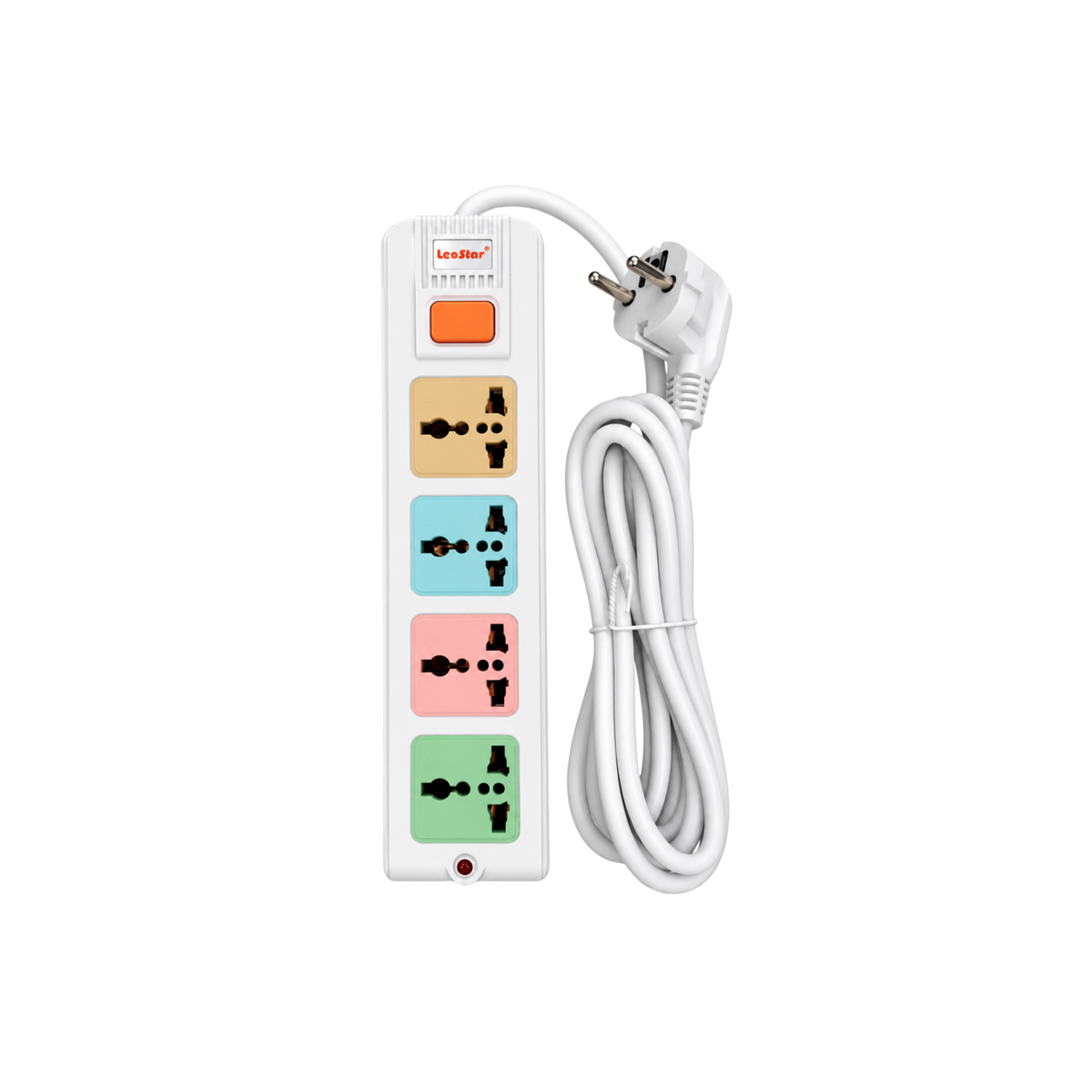 LeoStar LS-404 extension lead with four coloured universal sockets, orange master switch and 3 metre white cable