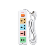 LeoStar LS-404-U extension lead with three coloured universal sockets, two USB ports, orange master switch and white cable