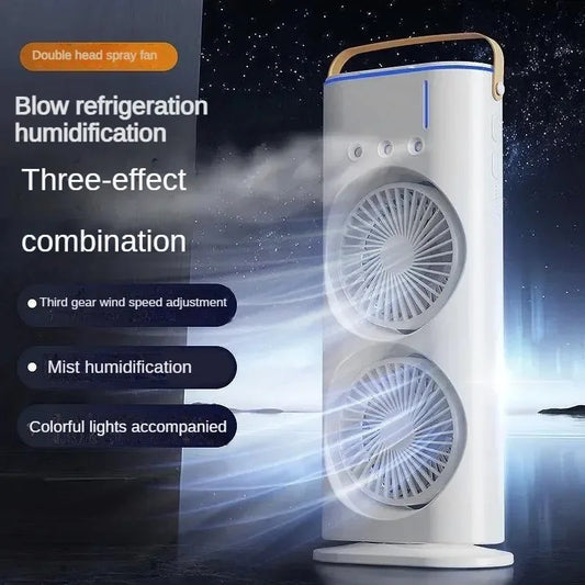 Rechargeable Dual-Head Mist Tower Fan & Desktop Humidifier with 3 Wind Speeds - Ideal for Home, Office, Travel, and Camping