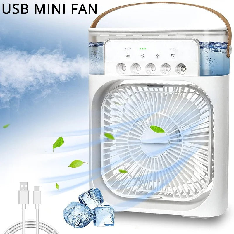 Mini Frost Fan, Mini Portable Air Conditioner Fan, Small Refrigeration Air Conditioning, Water-Cooled Mute Air Cooler, Five Hole Humidification Spray Fan, With Timer and 7 Colors of Ambient Lights (A)