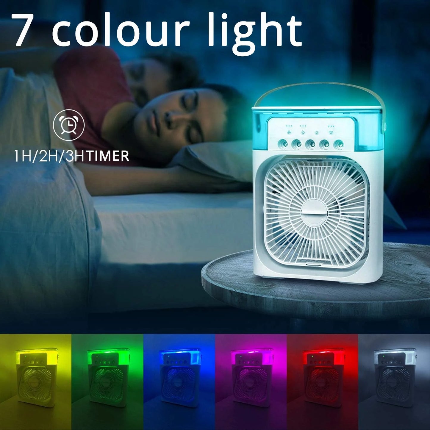 Mini Frost Fan, Mini Portable Air Conditioner Fan, Small Refrigeration Air Conditioning, Water-Cooled Mute Air Cooler, Five Hole Humidification Spray Fan, With Timer and 7 Colors of Ambient Lights (A)