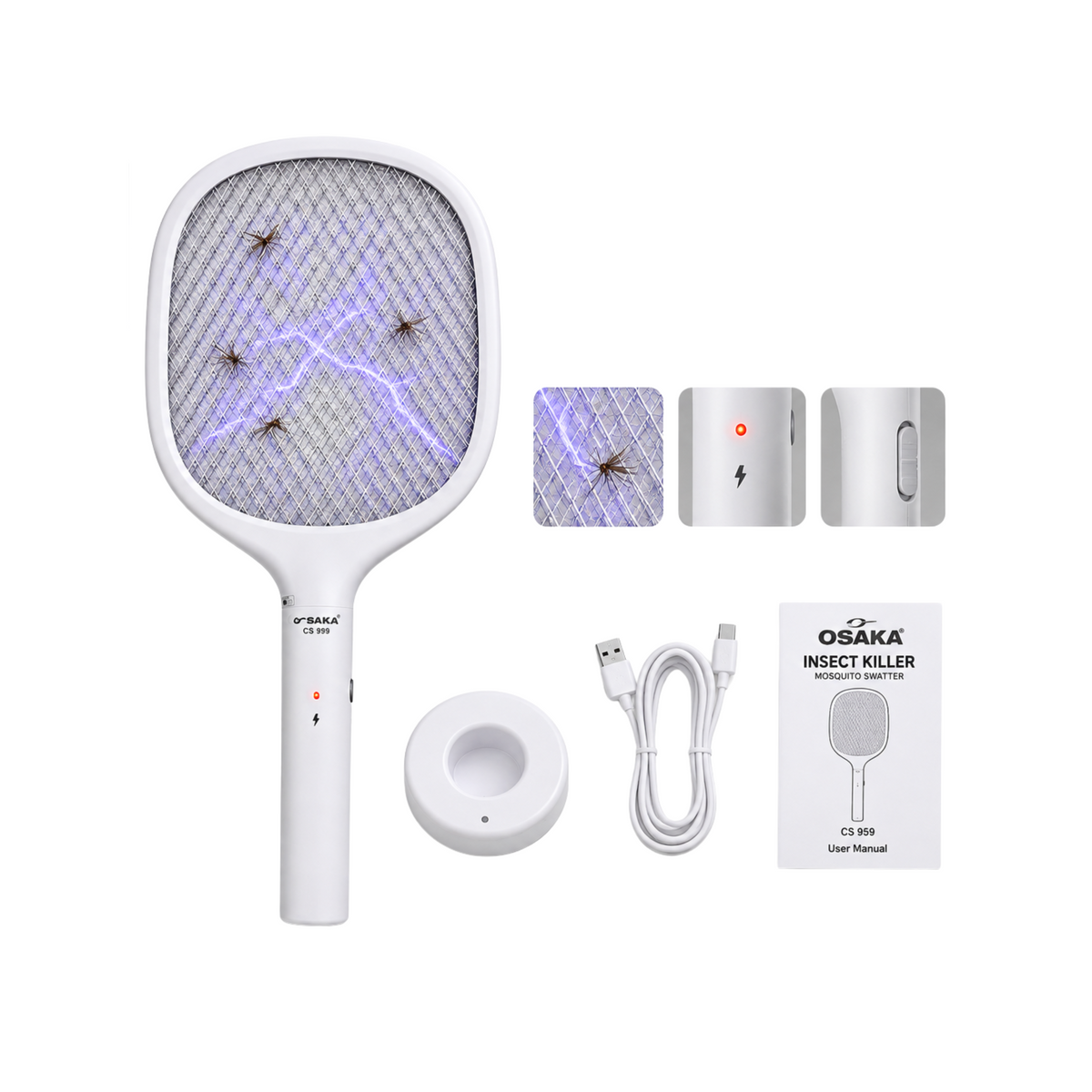 Osaka insect killer racket with stand, USB cable and user manual