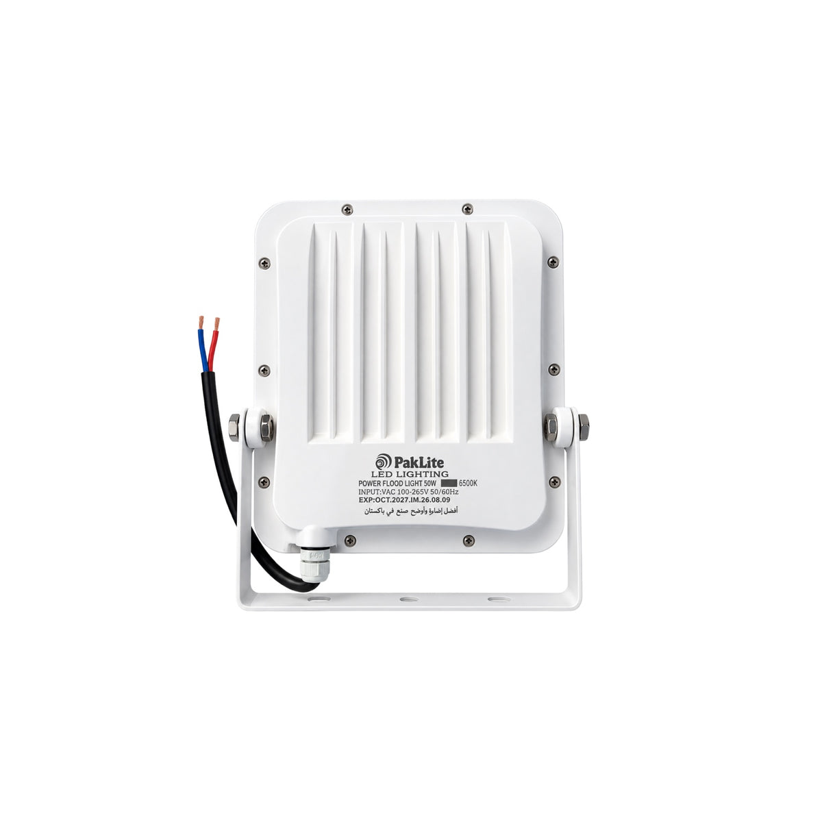 PakLite Power Series 50W 6500K LED flood light, rear view and specifications