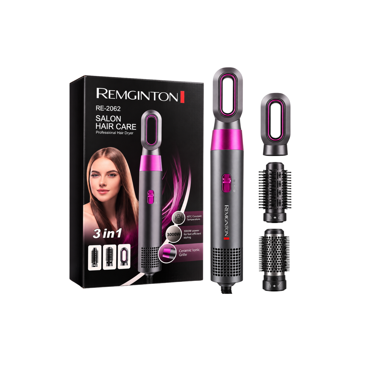 Remington RE-2062 3-in-1 hair dryer and hot air styler in grey and pink with retail box