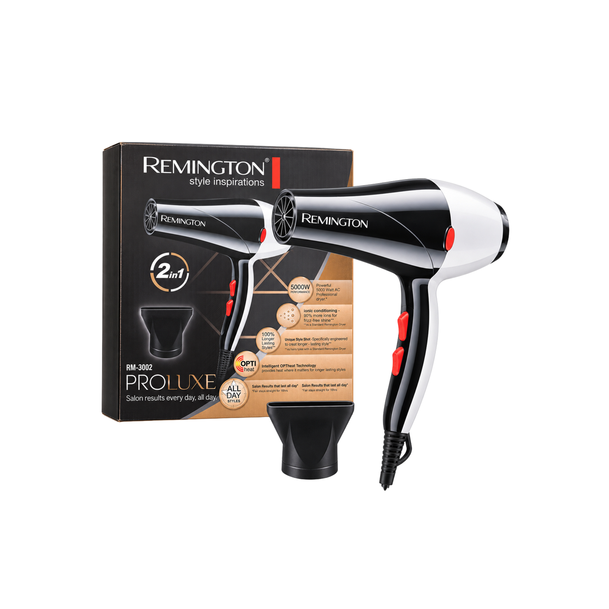 Remington RM-3002 black and white hair dryer with concentrator nozzle with retail box